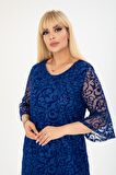 İspanyol Kol Büyük Beden Saks Abiye Elbise 37A-2406