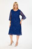 İspanyol Kol Büyük Beden Saks Abiye Elbise 37A-2406