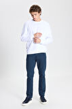 Erkek Beyaz Oversize Bol Kesim 3 Iplik Bisiklet Yaka Pamuklu Sweatshirt