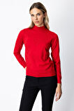 On Kadın Püsküllü Kalp Detaylı Dik Yaka Kazak 65325 Kırmızı