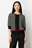 On Kadın Yarım Kol Çizgili Kazak 65302 Siyah
