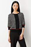 On Kadın Yarım Kol Çizgili Kazak 65302 Siyah