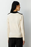 On Kadın Çift Yaka Düğme Detaylı Triko Kazak 66460 Krem