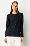 On Kadın Kabartma Desenli Süs Düğmeli Triko Kazak 65358 Siyah