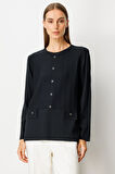On Kadın Kabartma Desenli Süs Düğmeli Triko Kazak 65358 Siyah