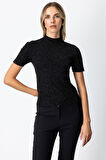 On Kadın Dik Yaka Kısa Kollu Triko Kazak 69302 Siyah
