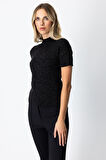 On Kadın Dik Yaka Kısa Kollu Triko Kazak 69302 Siyah