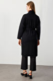 On Kadın Büyük Beden Beli Kuşaklı Şal Yaka Hırka 60900 Siyah