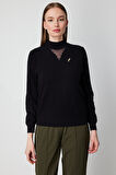 On Kadın Yakası Tül Detaylı Pamuklu Triko Kazak 60342 Siyah