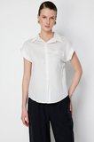 On Kadın Çizgili Kısa Kollu Gömlek 74545 Ekru