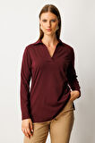 On Kadın Büyük Beden Polo Yaka Basic Bluz 61332 Bordo