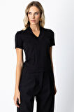 On Kadın V Yaka Dikişli Basic T-Shirt 61341 Siyah