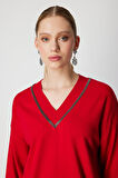 On Kadın V Yaka Taşlı Triko Kazak 65311 Kırmızı