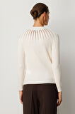 On Kadın Dik Yaka Tül Detaylı Triko Kazak 60384 Ekru