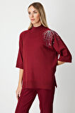 On Kadın Omzu Zincir İşlemeli Triko Kazak 65381 Bordo