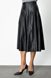 On Kadın Dikiş Detaylı Midi Boy Deri Etek 64201 Siyah
