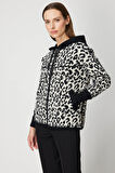 On Kadın Leopar Desenli Kapüşonlu Hırka 60943 Siyah