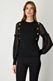 On Kadın Balon Kol Süs Düğmeli Triko Kazak 60416 Siyah