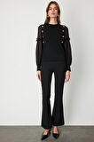 On Kadın Balon Kol Süs Düğmeli Triko Kazak 60416 Siyah