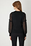 On Kadın Balon Kol Süs Düğmeli Triko Kazak 60416 Siyah