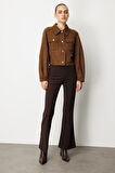 On Kadın Kapak Cepli Süet Crop Ceket 60503 Kahverengi