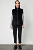 On Kadın Dik Yaka Beli Lastikli Peluş Yelek 66932 Siyah