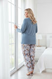 Kadın Çiçek Desen 3 Düğme Likralı Viskon Mevsimlik Büyük Beden Uzun Kol Pijama Takımı