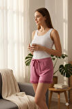 Bambu Fitilli Kadın Ev Şortu Bacak Dantel Detaylı Ev Giyim Fuşya
