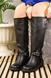 Günlük Kadın Çizme Kalın Tırtıklı Taban Fermuarsız Toka Detaylı Oval Burunlu Esnek Rahat 385