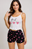 Kalp Desenli Askılı Şortlu Pijama Takımı