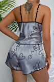 Love Baskılı Gri Saten Şortlu Gecelik Takım