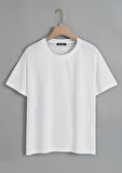 Unisex Oversize Bisiklet Yaka Düz Basic T-Shirt - BEYAZ