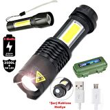 Su Geçirmez Şarjlı El Feneri 2500 Lumens + 5W COB LED USB Lion Şarjlı Ultra Güçlü Q5 XPE (3877)