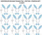 Mavi Tavşan Kostüm Seti - Taç, Papyon, Ponpon (12 li Paket)
