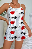 Love Desenli Beyaz Saten Şortlu Gecelik Takım