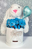 Özel Kututusunda; 45 cm Beyaz Jellycat Tavşan, 5'li Ayıcık ve Folyo Kalp Balonlu SET-Ayıcık Buketi