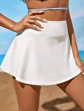 Beyaz Yüksel Bel Cepli Bikini Altı -Darkalıp Şortlu Plaj Eteği - Hızlı Kurur Su Tutmaz Plaj Eteği