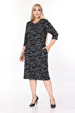Çift Cepli Desenli Esnek Kışlık Büyük Beden Midi Elbise 38E-2706
