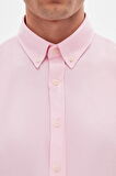 Slim Fit Pembe Armürlü Düğmeli Yaka Pamuklu Gömlek 5HC02ORT07265