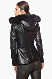 Siyah Kapüşonlu Kadın Deri Mont
