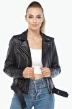 Kemerli Motorcu Siyah Kadın Deri Ceket