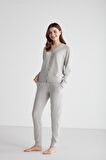 Kadın Uzun Kol Önden Düğmeli Gri Melanj Pijama Takımı C1T6N9O56