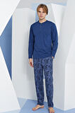 Erkek Uzun Kol Midi Yaka İndigo Pijama Takımı C9T2N5O6