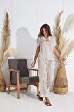 Kadın Kısa Kol Gömlek Yaka Önden Düğmeli Bej Pijama Takım C9T2N551