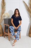 Kadın Dantelli Kısa Kol Lacivert Pijama Takım C1T5N551