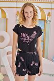 Kadın Kısa Kol Siyah Şortlu Pijama Takım C9T1N851