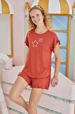 Kadın Kısa Kol Kiremit Şortlu Pijama Takım C9T4N851