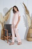 Kadın Kısa Kol Önden Düğmeli Somon Pijama Takım C8T1N951