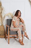 Kadın Kısa Kol Önden Düğmeli Çizgili Pijama Takım C5T3N5O51