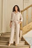 Kadın Uzun Kol Önden Düğmeli Bej Pijama Takım C8T2N1O12